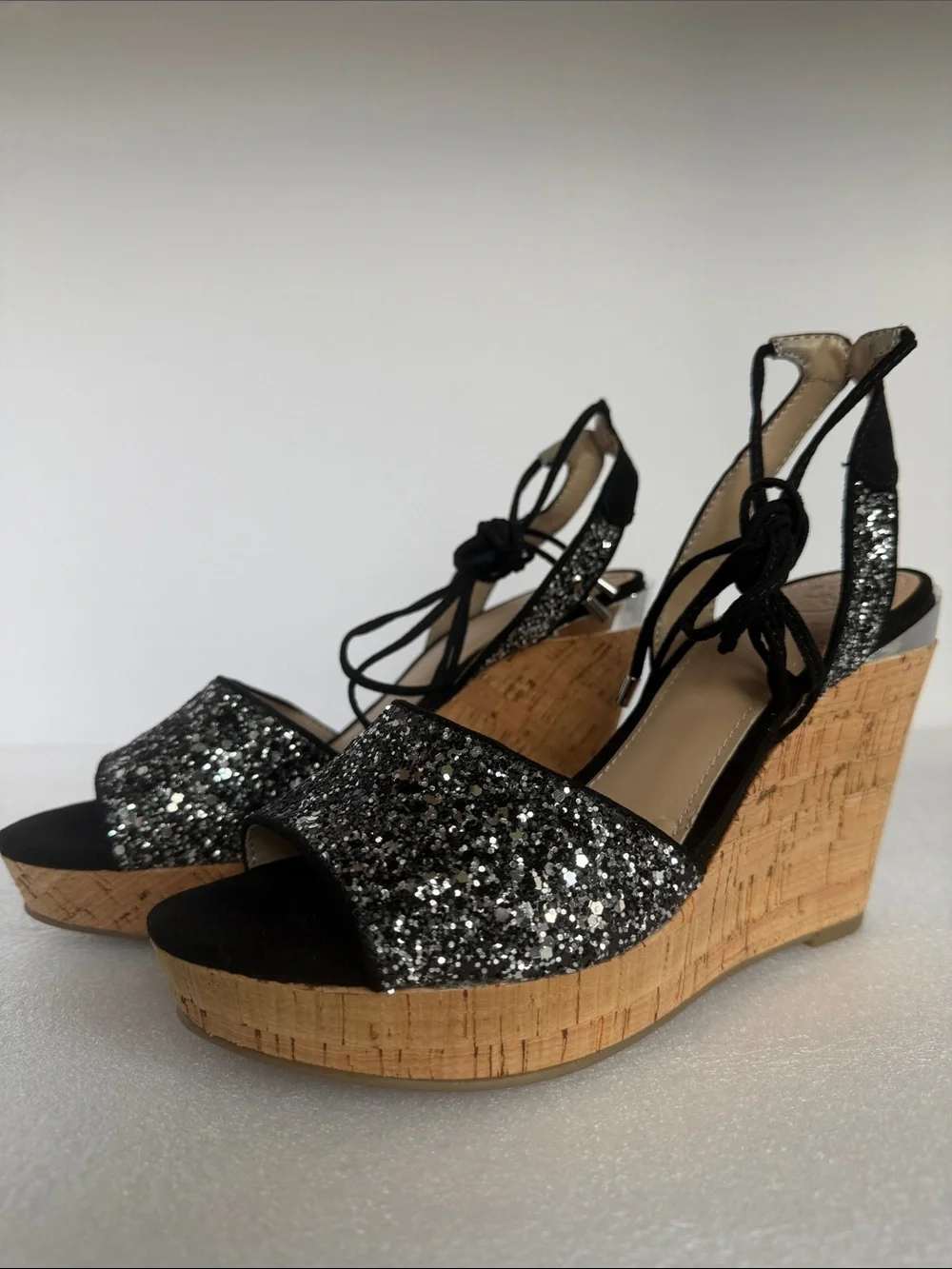 Guess Black Glitter Cork Wedge Sandals with Ankle Tie